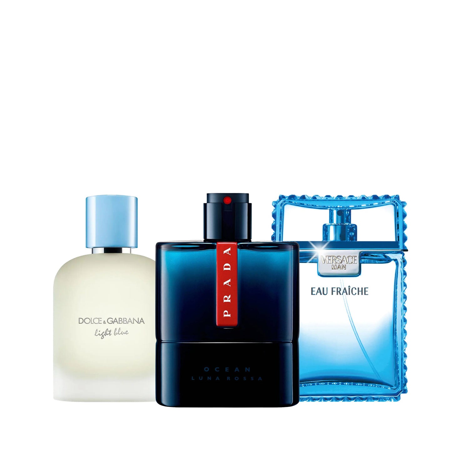 Light Blue by Dolce and Gabbana, Luna Rossa Ocean by Prada, and Eau Fraiche by Versace