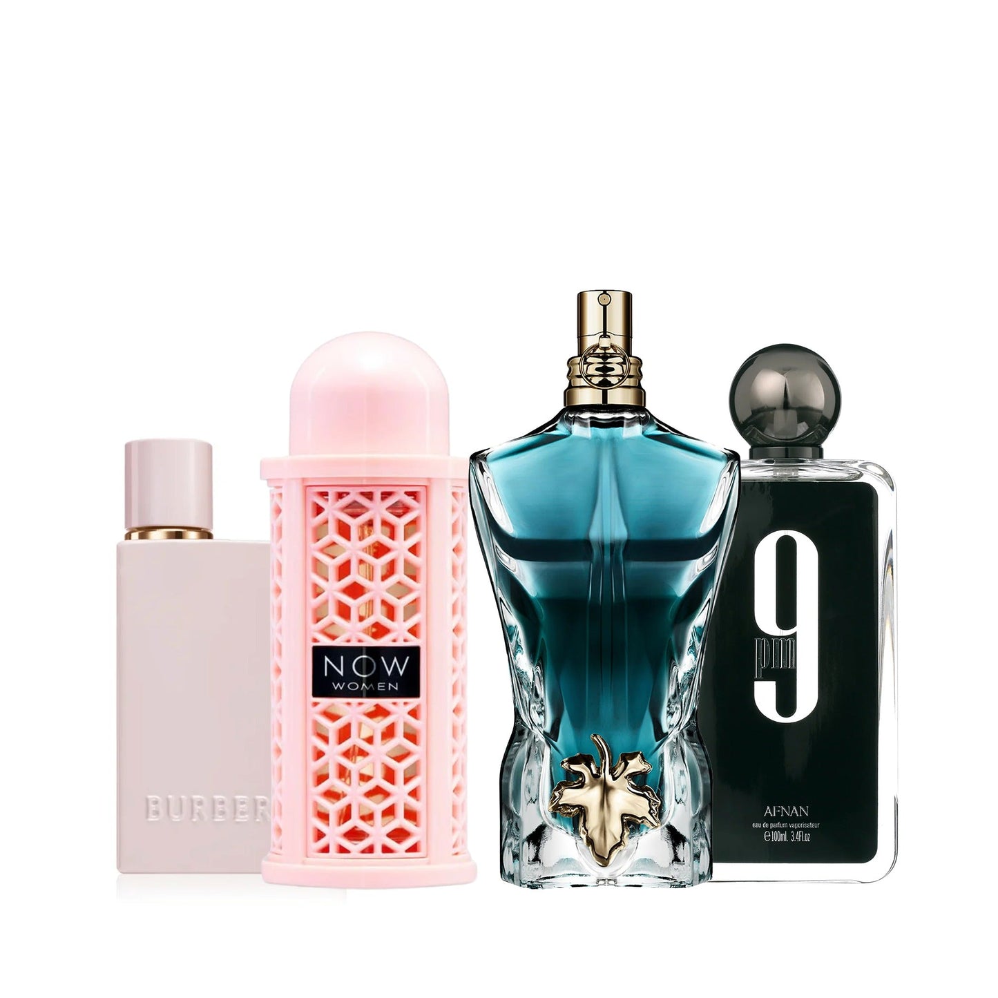 Her Elixir by Burberry, Rave Now by Lattafa, Le Beau by Jean Paul Gaultier, and Afnan by Afnan.